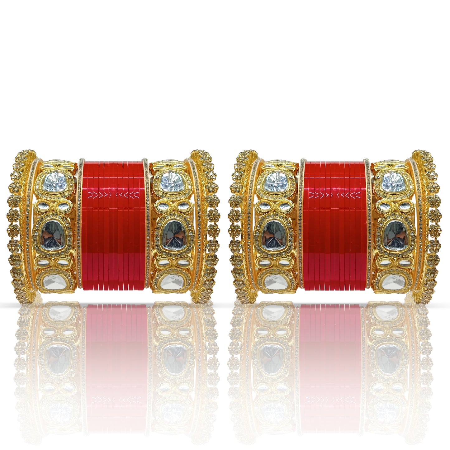 Bridal Punjabi Bangle Chuda Set with Kundan Kada for Women's and Girls (1 Pair)