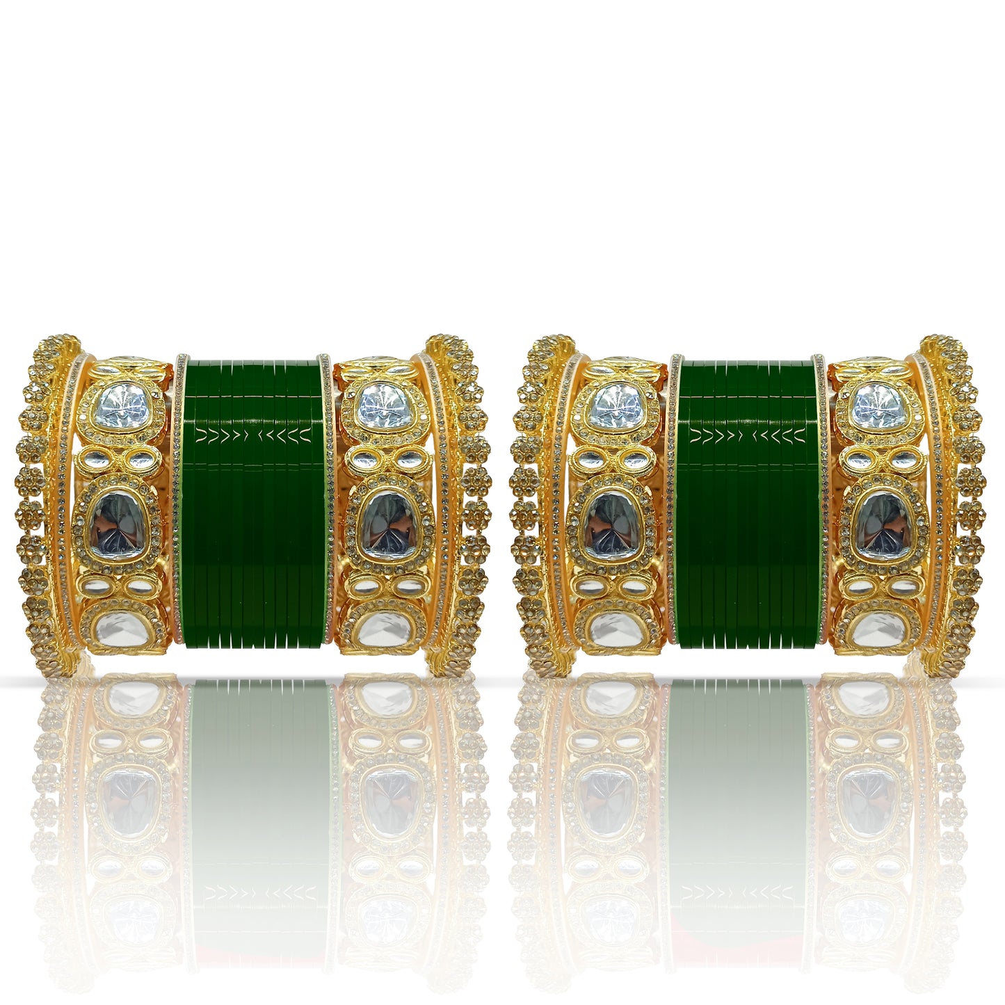 Bridal Punjabi Bangle Chuda Set with Kundan Kada for Women's and Girls (1 Pair)
