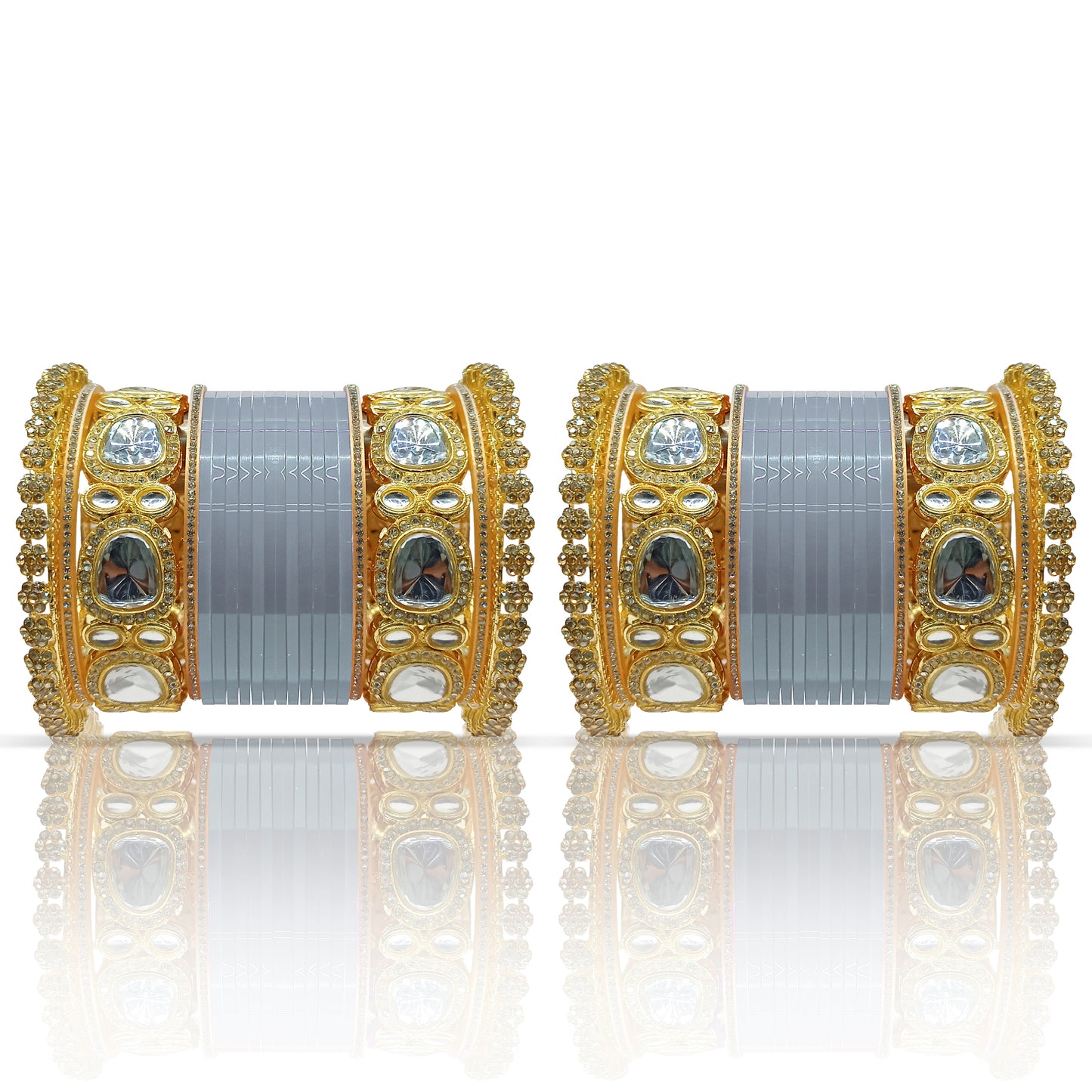 Bridal Punjabi Bangle Chuda Set with Kundan Kada for Women's and Girls (1 Pair)