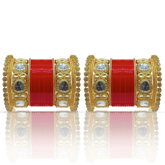 Bridal Punjabi Bangle Chuda Set with Kundan Kada for Women's and Girls (1 Pair)