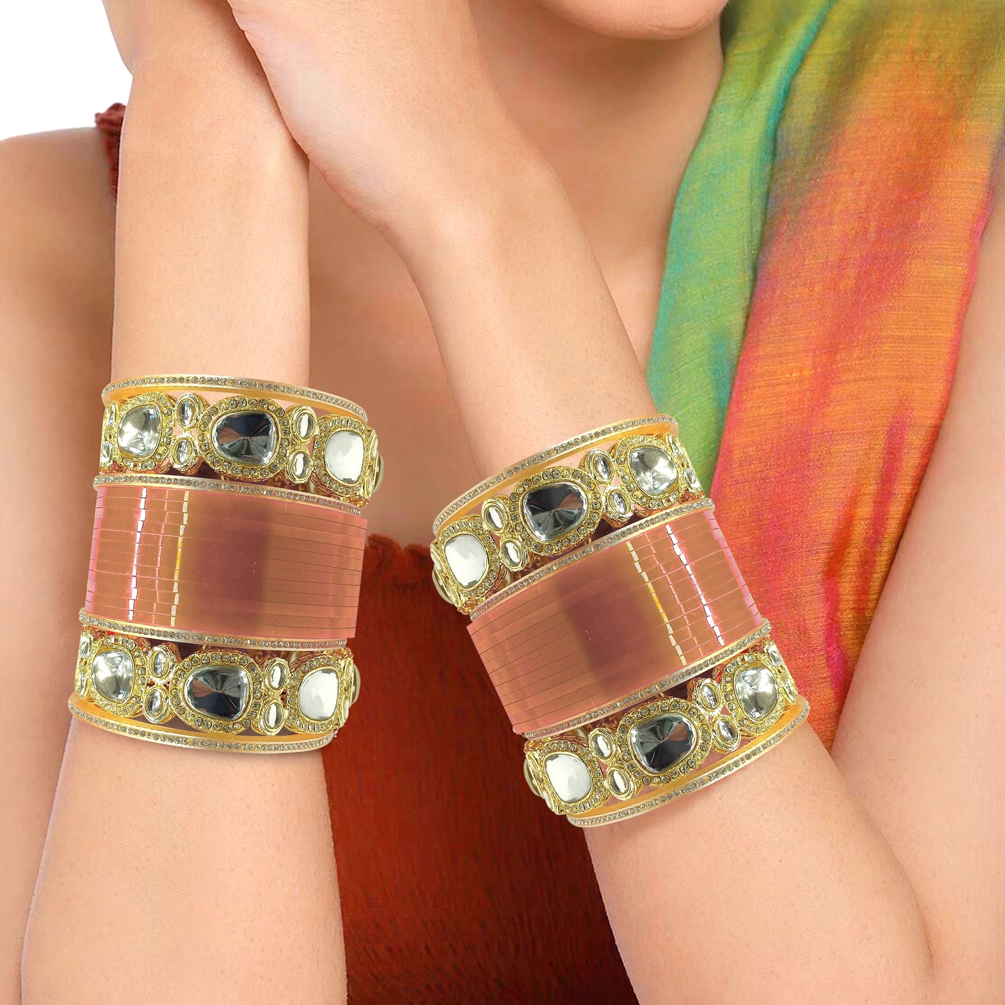 Bridal Punjabi Bangle Chuda Set with Kundan Kada for Women's and Girls (1 Pair)